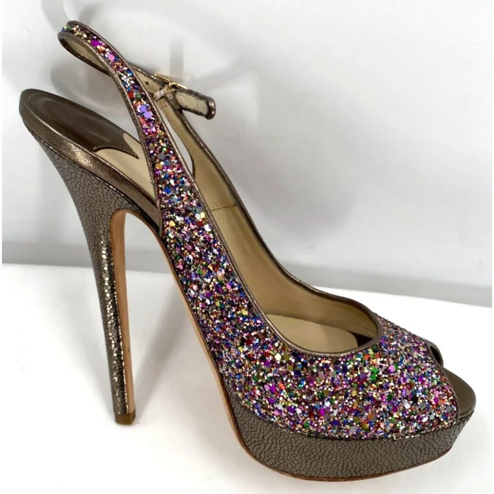 Jimmy Choo CLUE Glitter Gold Slingback Platform Open Toe Sandals Shoes Sz 38.5 - Picture 7 of 16